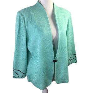 Ming Wang Suit Jacket Blazer Aqua Embroidered 3/4 Sleeve Size Large Career